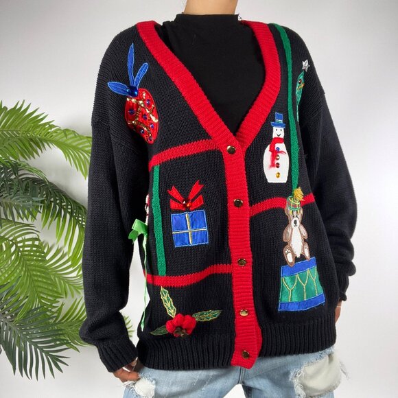 Vintage 90s Black Holiday Grandmacore Ugly Christmas Sweater Knit Cardigan / L - Picture 6 of 8
